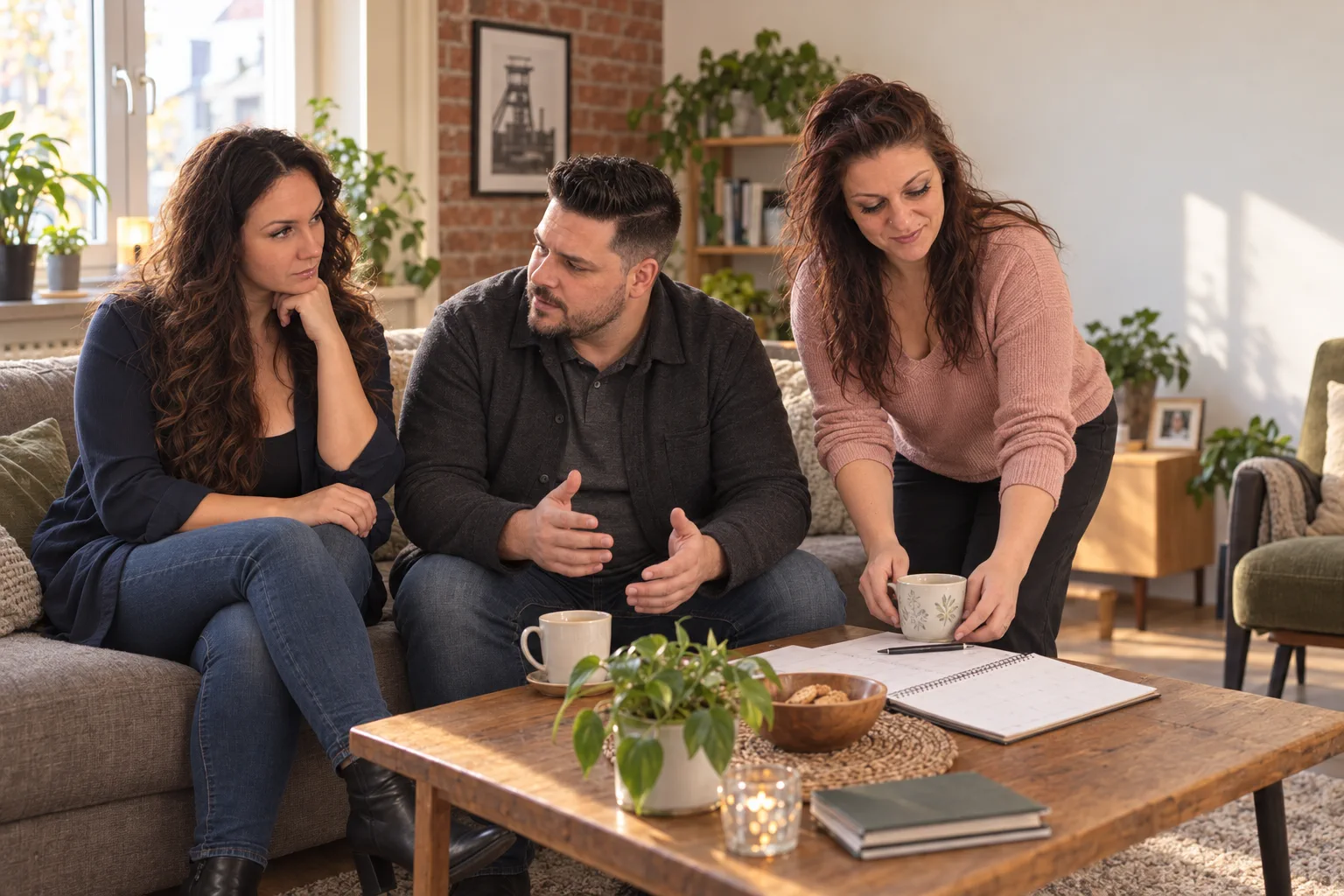 Die drei Begleitpersonen sitzen in einem Wohnzimmer bei Tee und Kalender und sprechen ruhig miteinander.