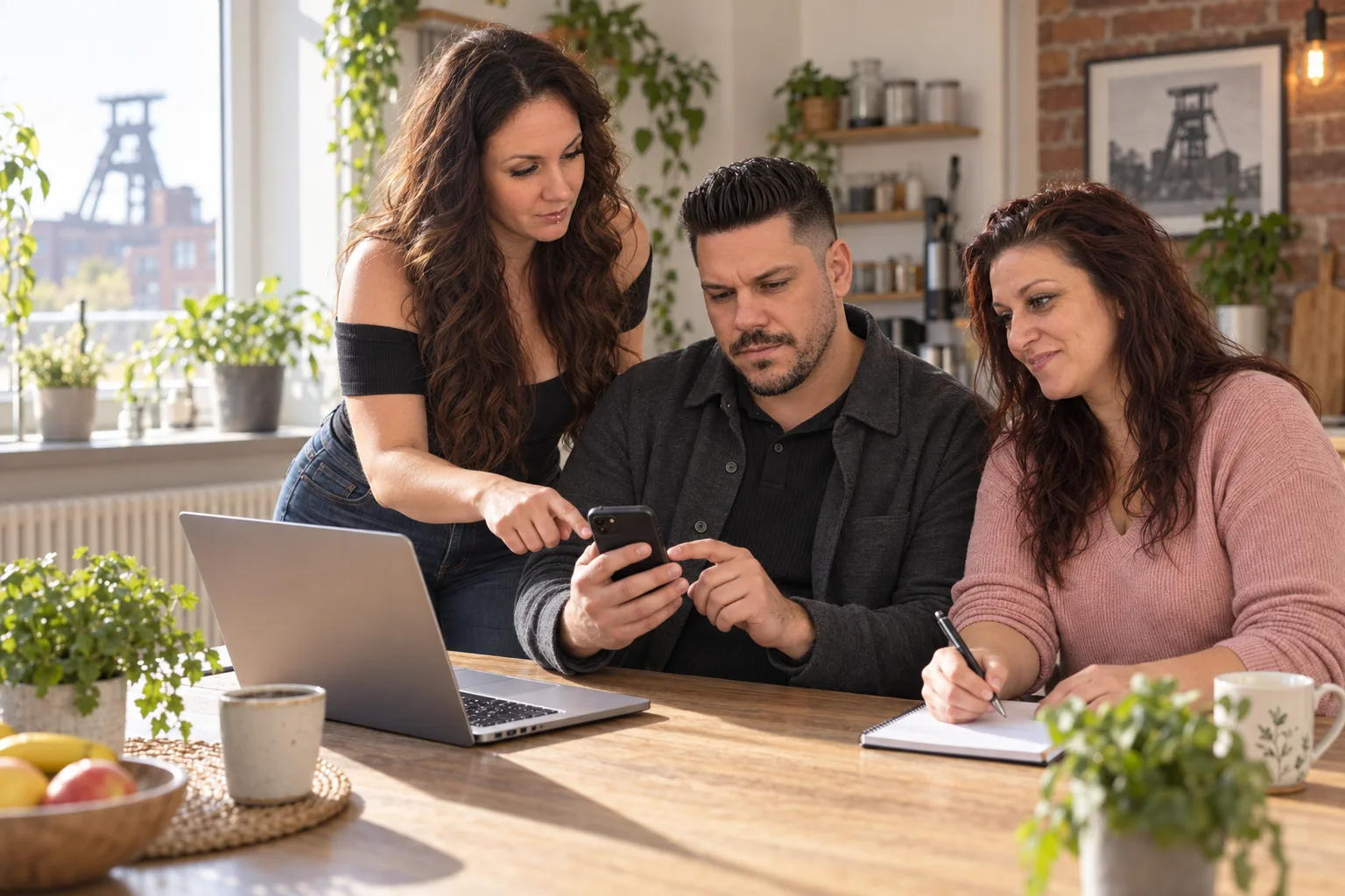 Die drei Begleitpersonen sitzen an einem Tisch und helfen gemeinsam bei Smartphone und Laptop.