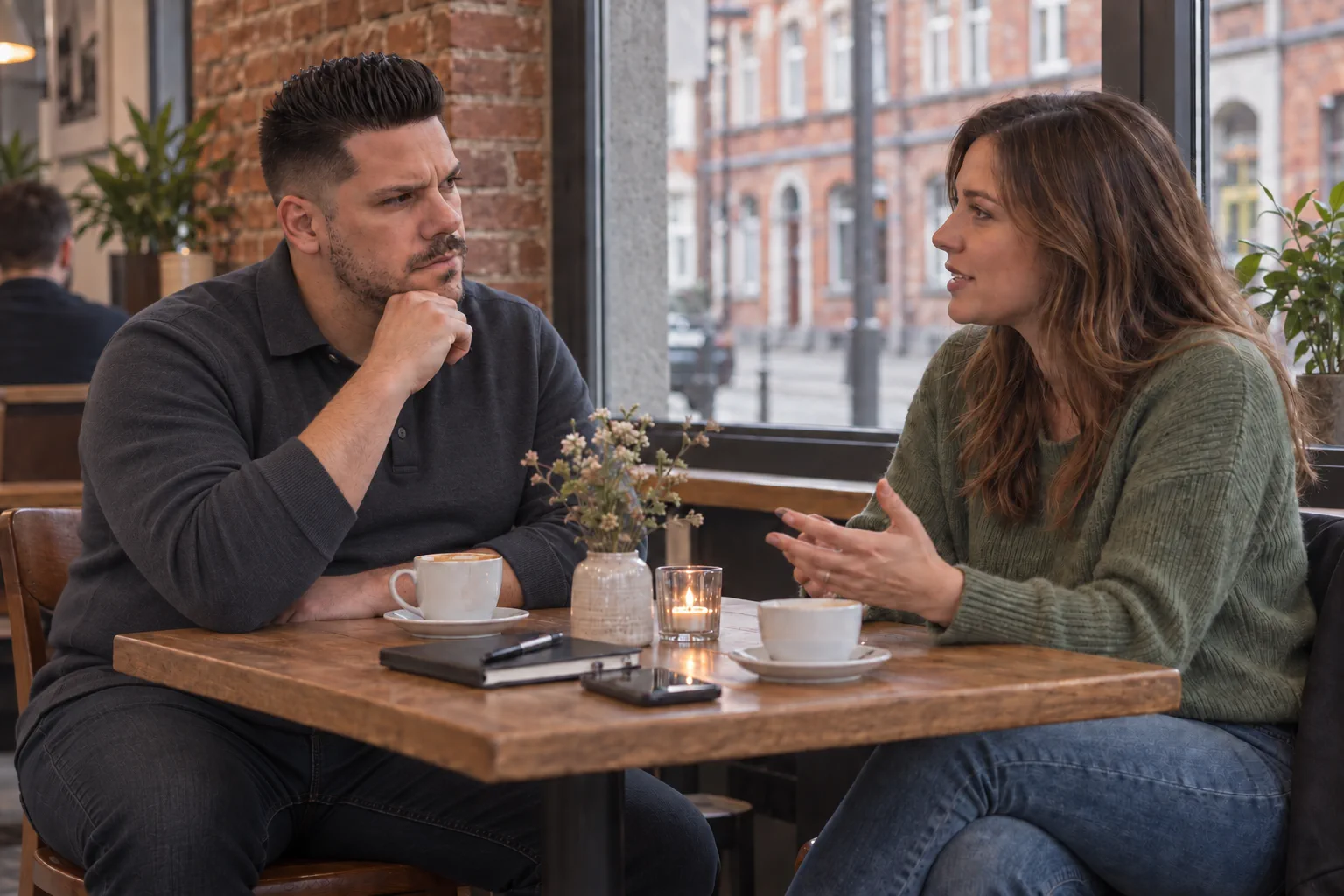 Ein smart gekleideter Mann spricht in einem Café ruhig mit einer erwachsenen Frau – Beispiel für einen Treuetest für Frauen.
